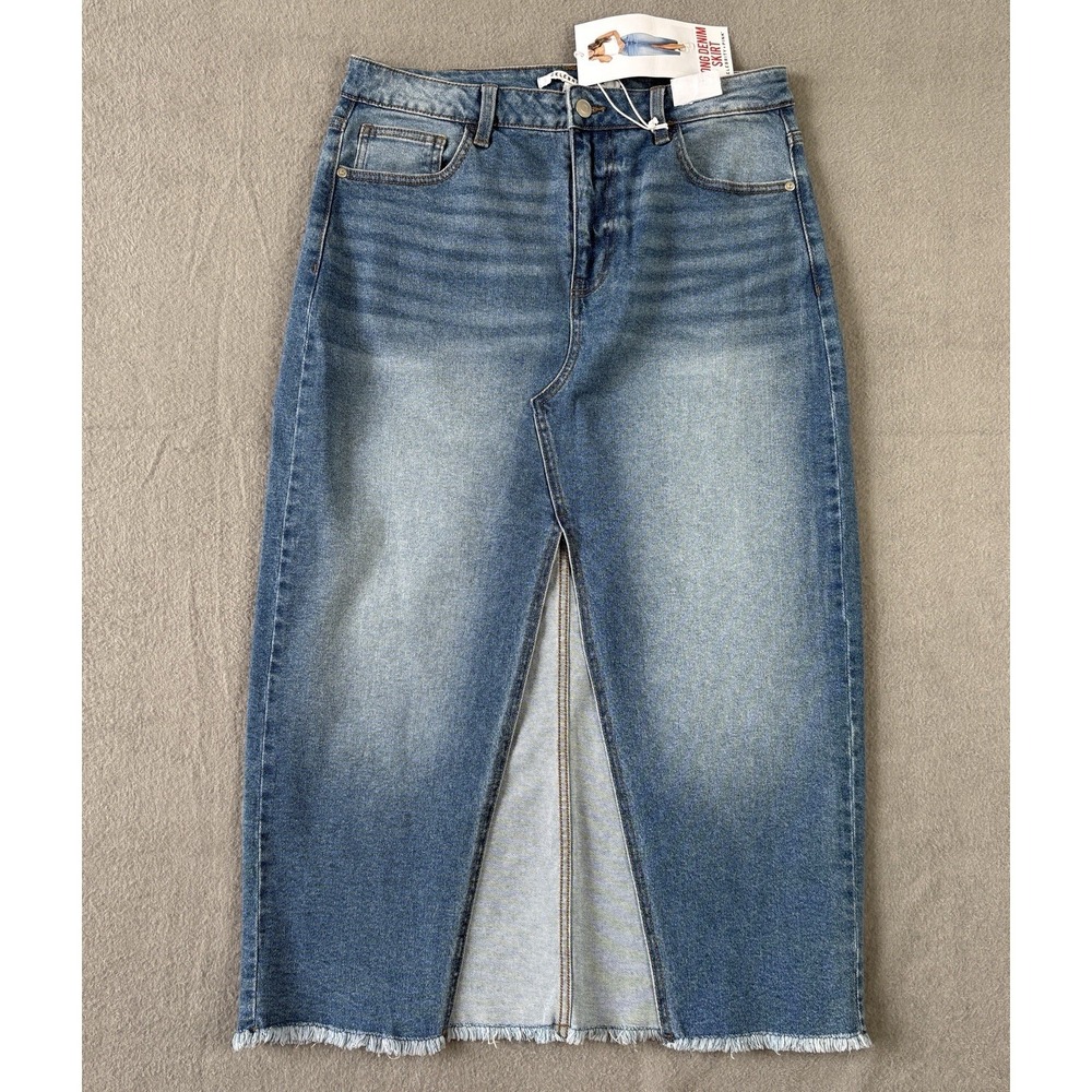 NWT Celebrity Pink Maxi Denim Skirt Women 11/30 Blue Stretch Front Slit Y2K Boho